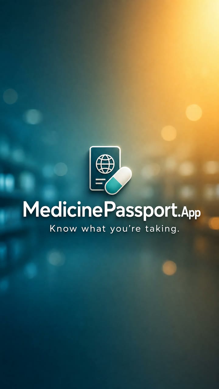 A short film. An older man sits worried beside a hospital monitor. A drawer full of unlabelled pill strips. A person photographs a handwritten prescription with their phone. People check their medicines on their phones and smile with relief. Closing card: MedicinePassport.App — Know what you're taking. Available now.