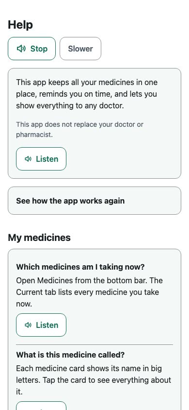 On the help screen, the patient taps Listen. The control changes to Stop while the guidance is read aloud, then the patient stops playback. (The demonstration video itself is silent.)