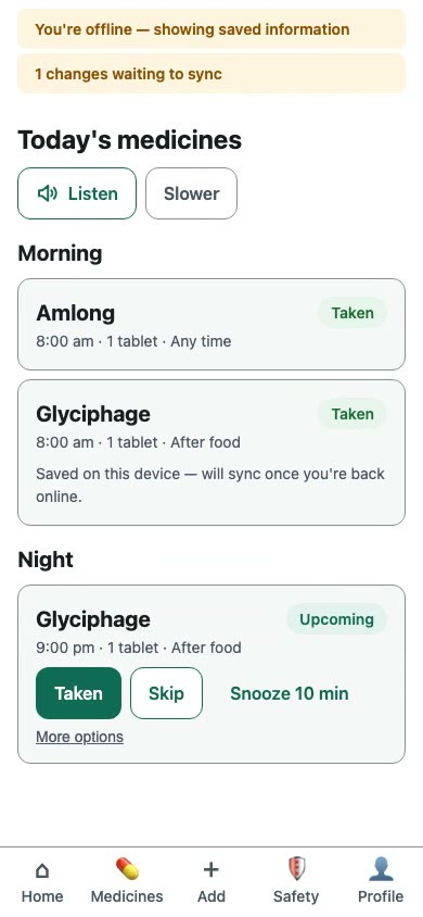 With the network disconnected, saved medicine information stays visible and an offline notice appears. The patient records a dose, which is saved on the device. When the connection returns, the change syncs automatically.