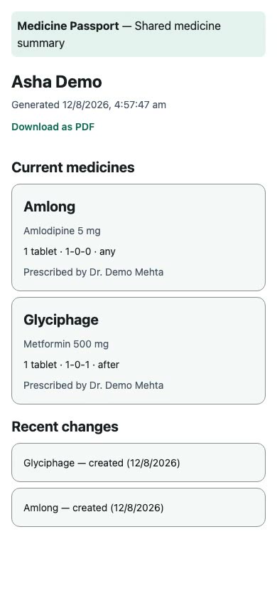 The patient chooses what to include and how long the link lasts, then creates a share. The doctor opens a structured Medicine Passport summary on their own device — current medicines with ingredients and instructions, recent changes, and a PDF option. The QR/link screen and the share token are deliberately not shown in this clip.